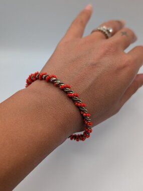 Red Seed Bead Twisted Rope Bangle Bracelet Antique Brass Boho Stacking Bangle